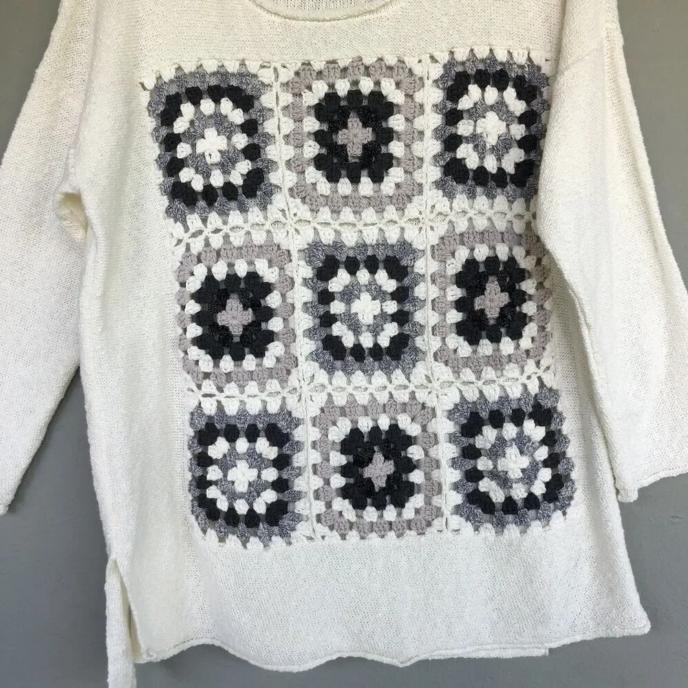 Womens Crochet Granny Square Knit Top M Boho Cottagecore Sweater Y2K Festival